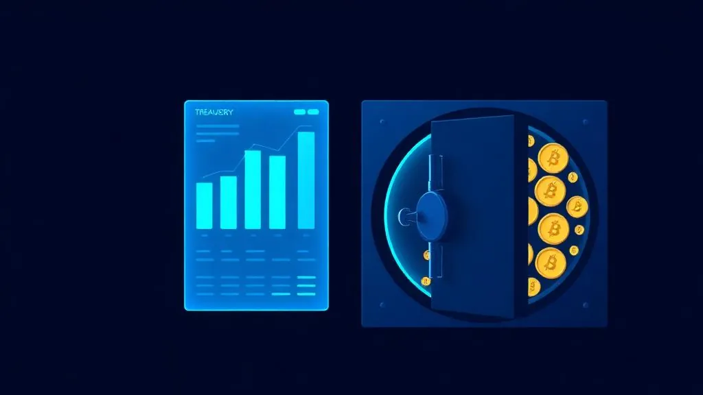 Crypto treasury dashboard beside a secured vault of digital assets