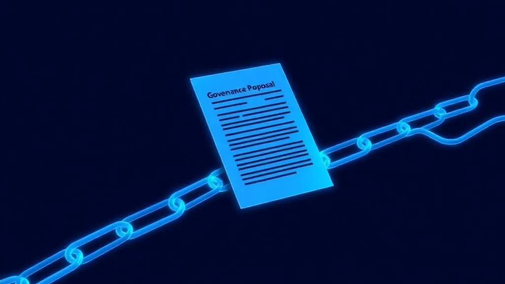 DAO proposal document turning into an onchain transaction on a glowing blue blockchain