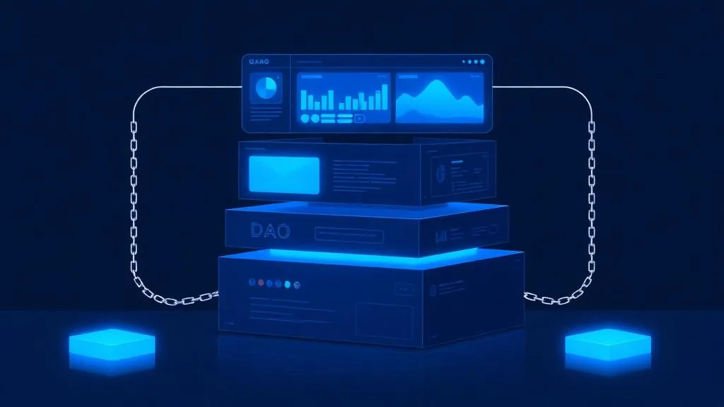 Layered DAO tooling stack of governance dashboards connected by chain links