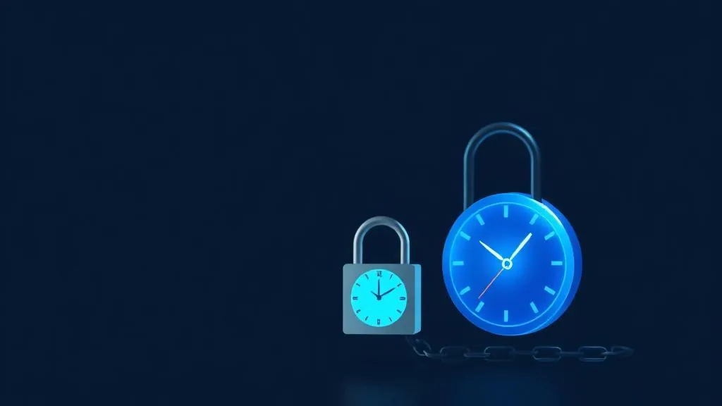 Timelock contract shown as a clock fused with a padlock on a blockchain
