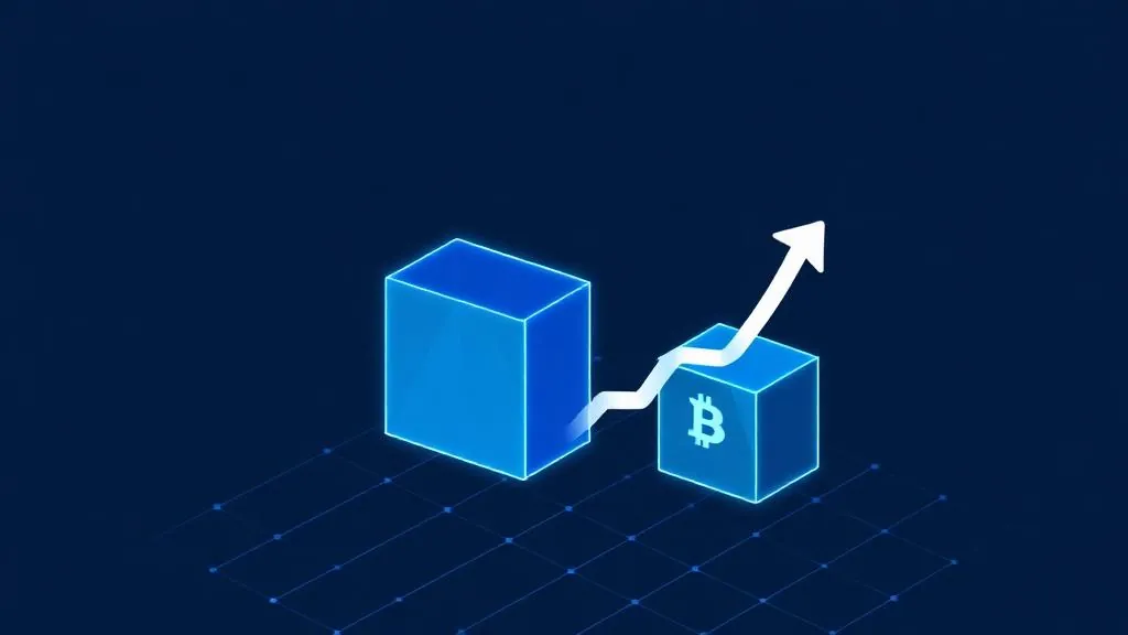 Smart contract block being upgraded to a new version on a blockchain grid