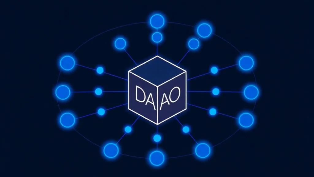 Decentralized autonomous organization shown as members around a smart contract